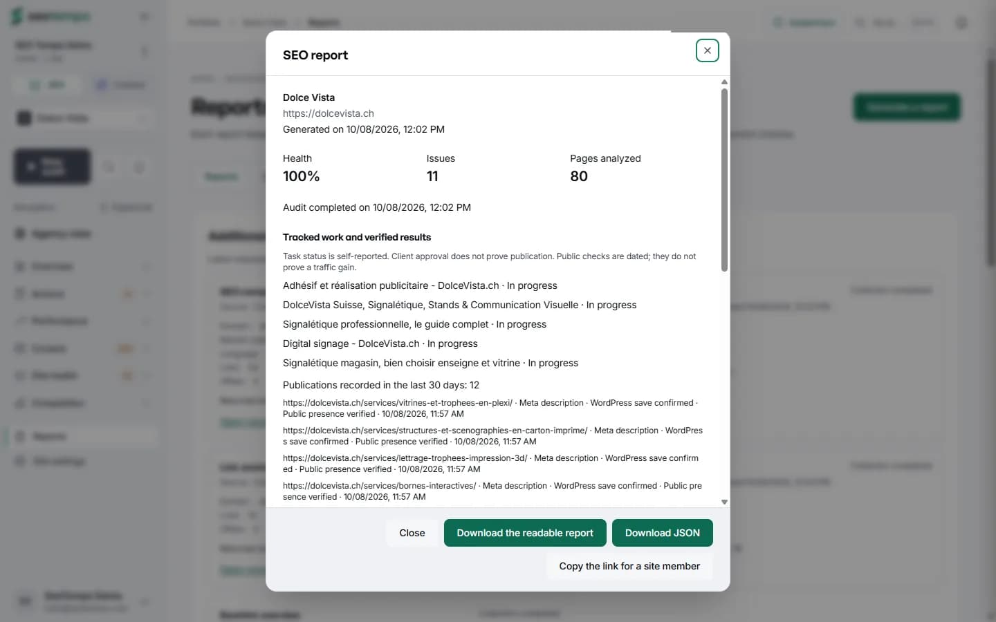 SEO Tempo SEO report for Dolce Vista: health, issues, pages analyzed, tracked work, and buttons to download the report and copy its link.