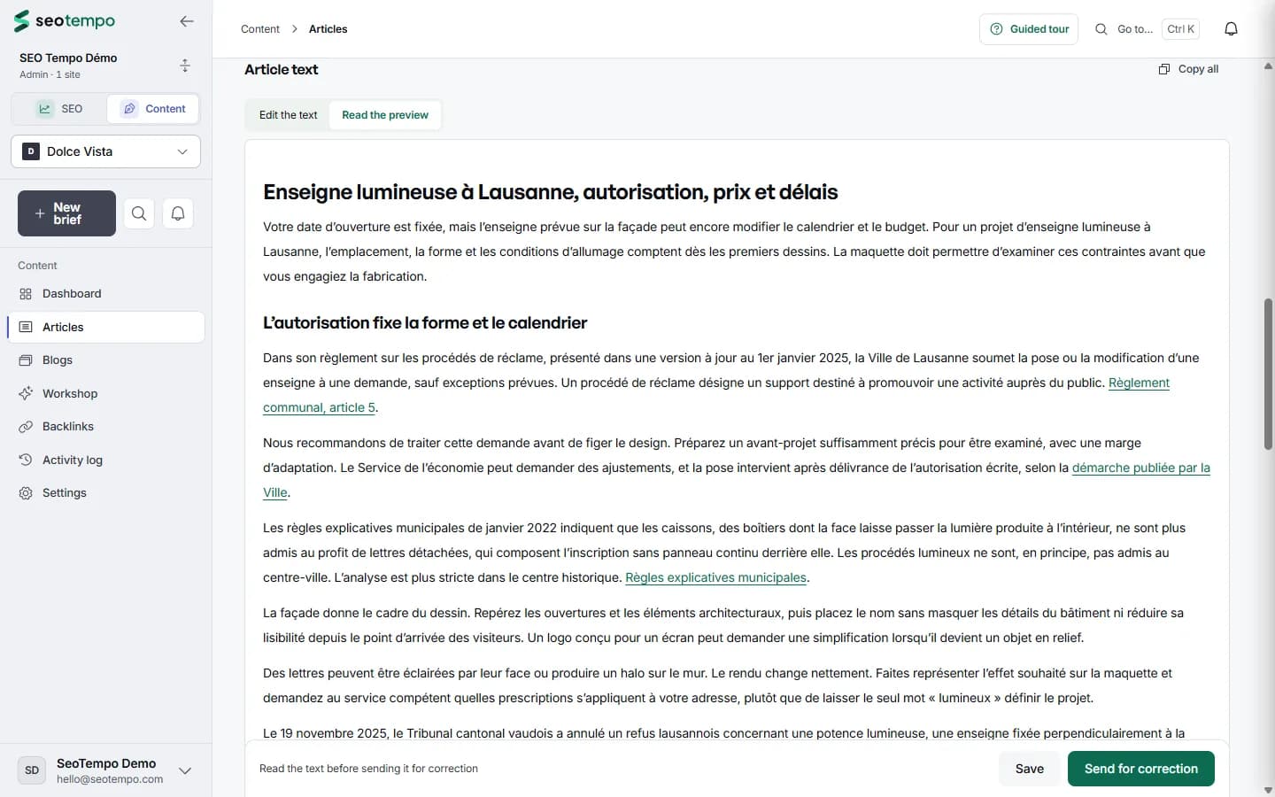 SEO Tempo Content writing screen: preview of the generated French article “Enseigne lumineuse à Lausanne, autorisation, prix et délais”, with the Save and Send for correction buttons.